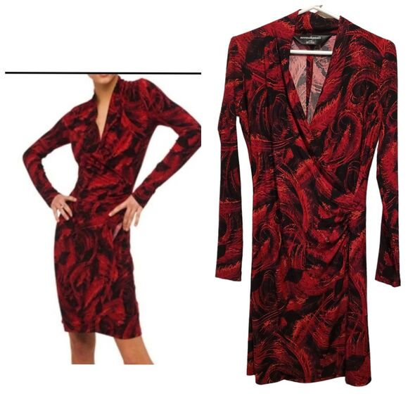Norma Kamali Red Black Feather Print Size Small Faux Wrap Side Ruched Dress - Picture 1 of 9